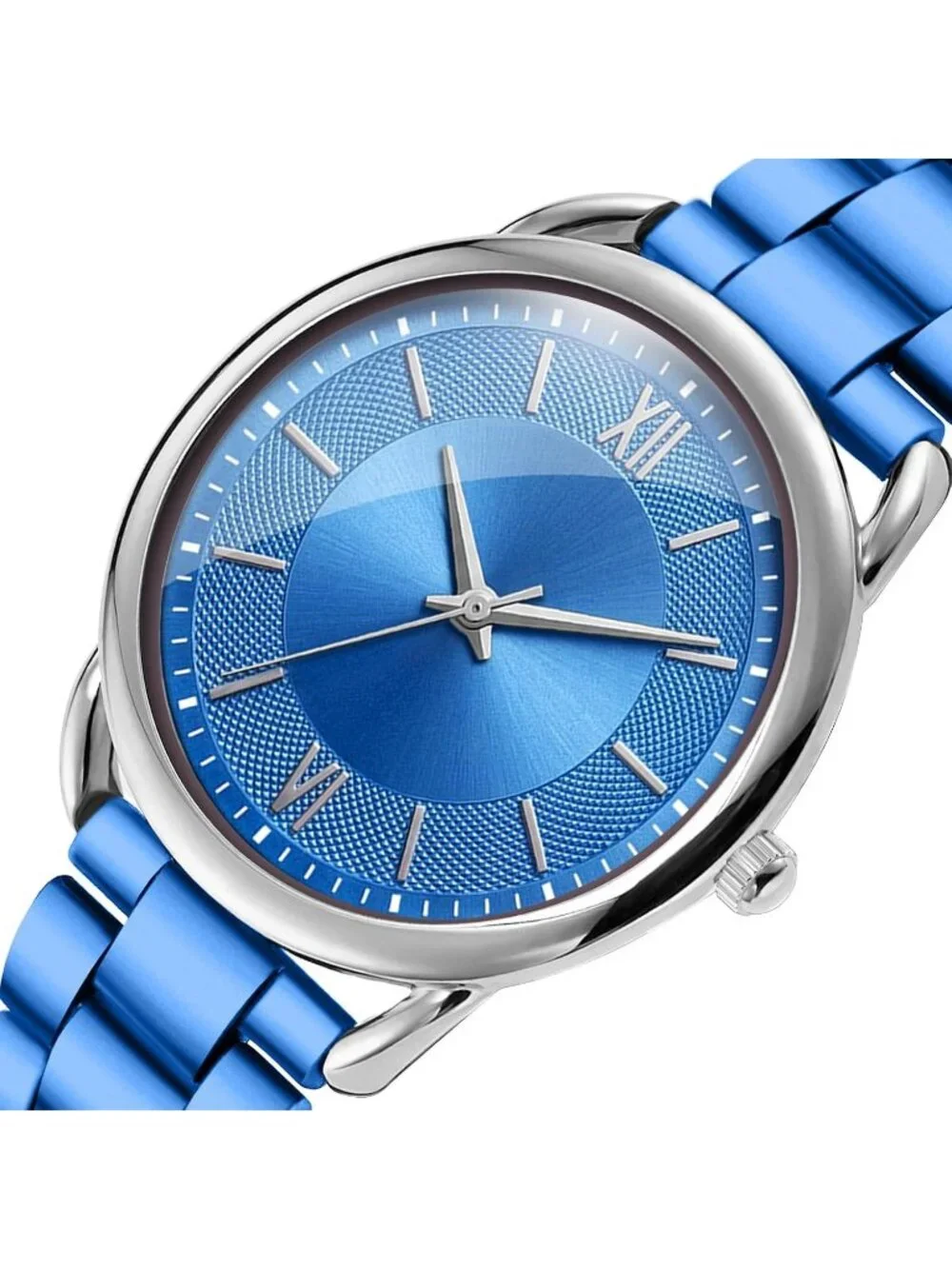 Women's Blue Silver Roman Numeral Dial Analog Alloy Steel Strap  Wrist Watch